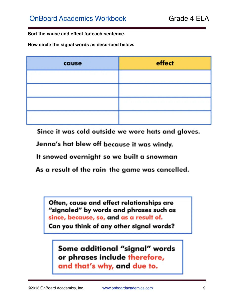 Cause and effect practice sorting four weather sentences and identifying since, because, so, and as a result of