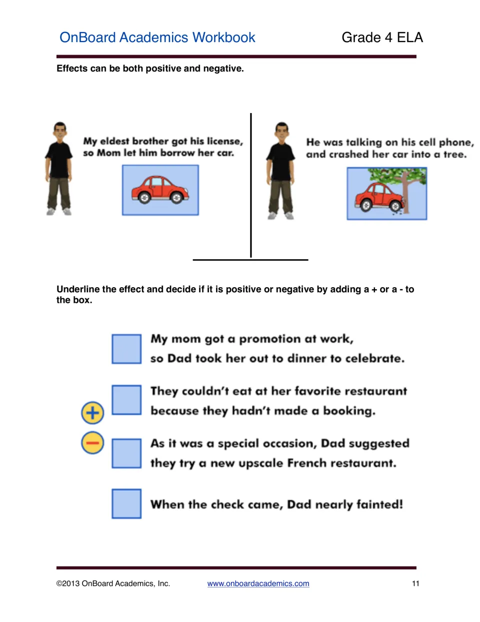 Positive and negative effects practice using driving examples and four sentences about a celebration dinner