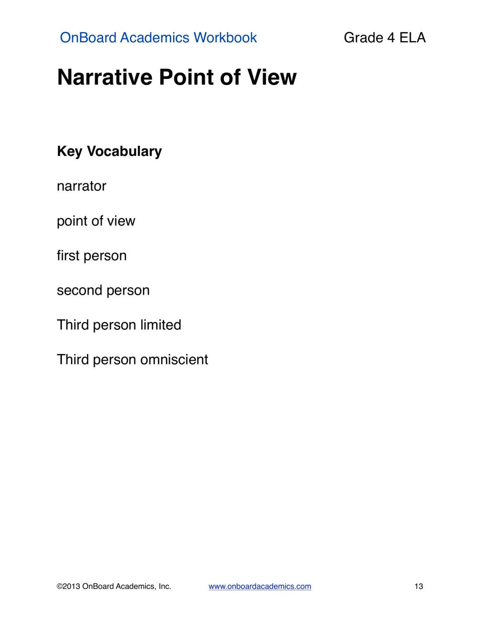 Narrative Point of View section opener listing narrator, point of view, and four narrative perspective terms