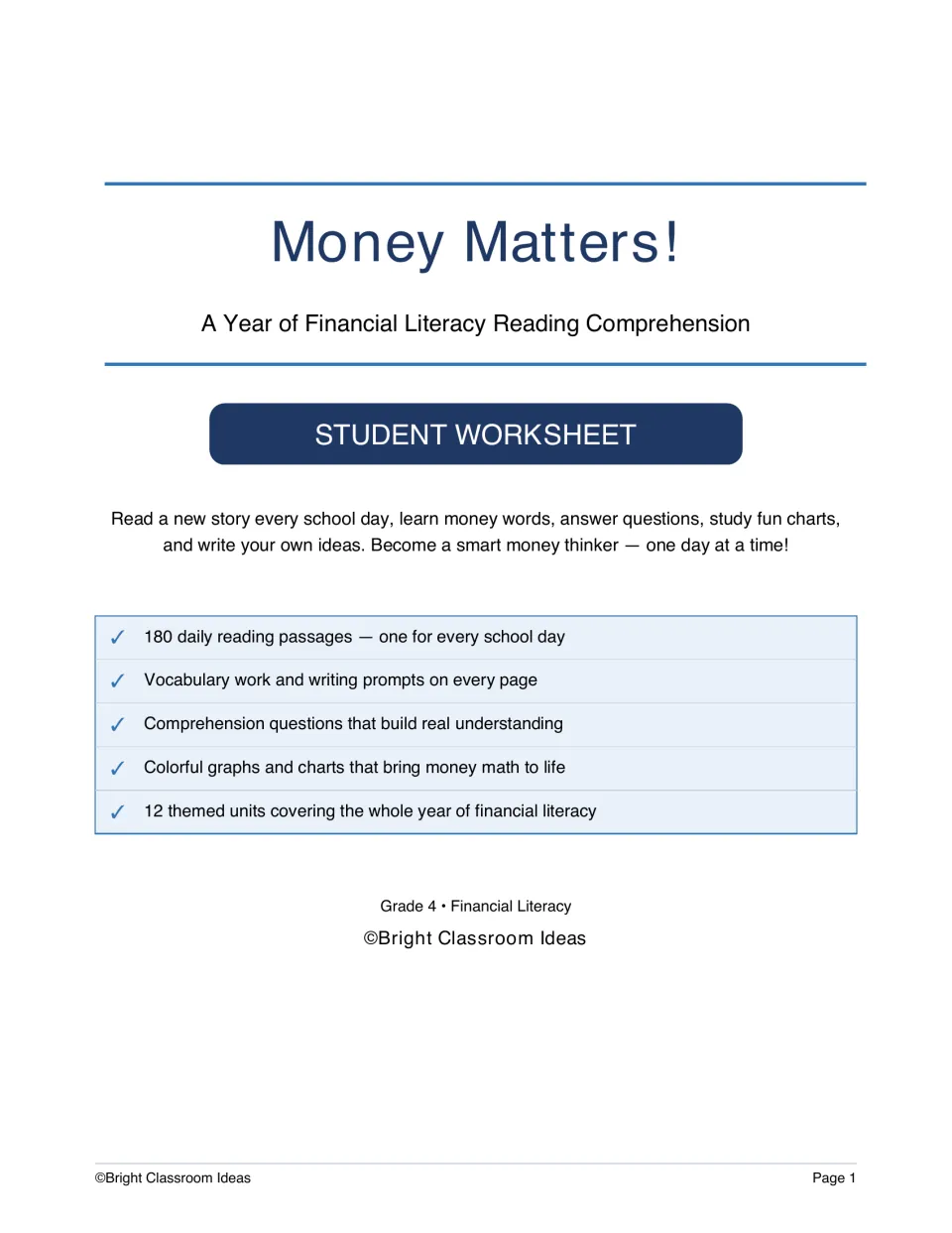 Student workbook cover introducing 180 daily financial literacy reading passages across 12 themed units