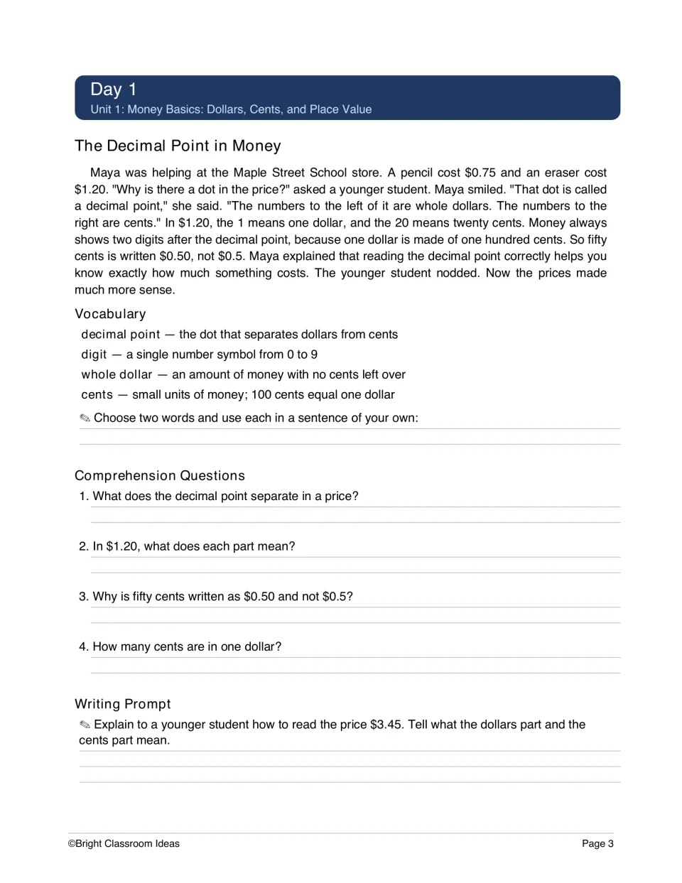 Day 1 money lesson explains decimal points using $0.75 and $1.20, with vocabulary and comprehension questions