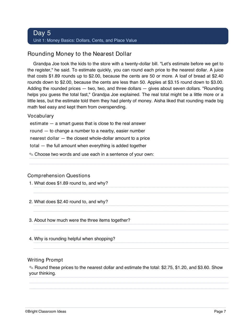 Day 5 money lesson rounds $1.89, $2.40, and $3.15 to the nearest dollar, with questions and a writing prompt