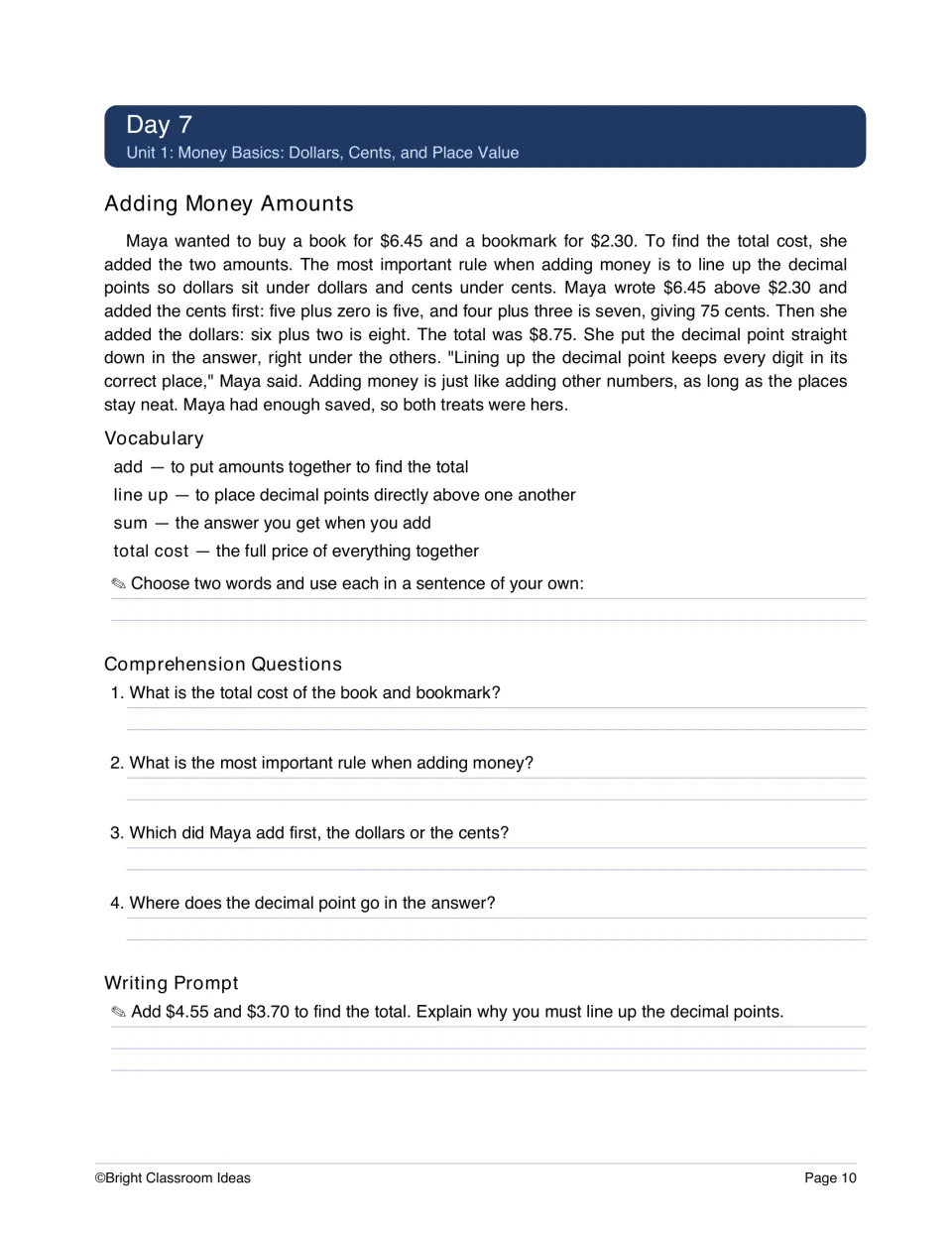 Day 7 money lesson adds a $6.45 book and $2.30 bookmark by aligning decimal points, with questions and writing