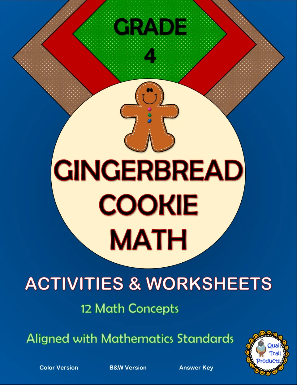 Gingerbread Cookie Math cover for Grade 4: activities and worksheets on 12 math concepts, in color, B&W and answer key