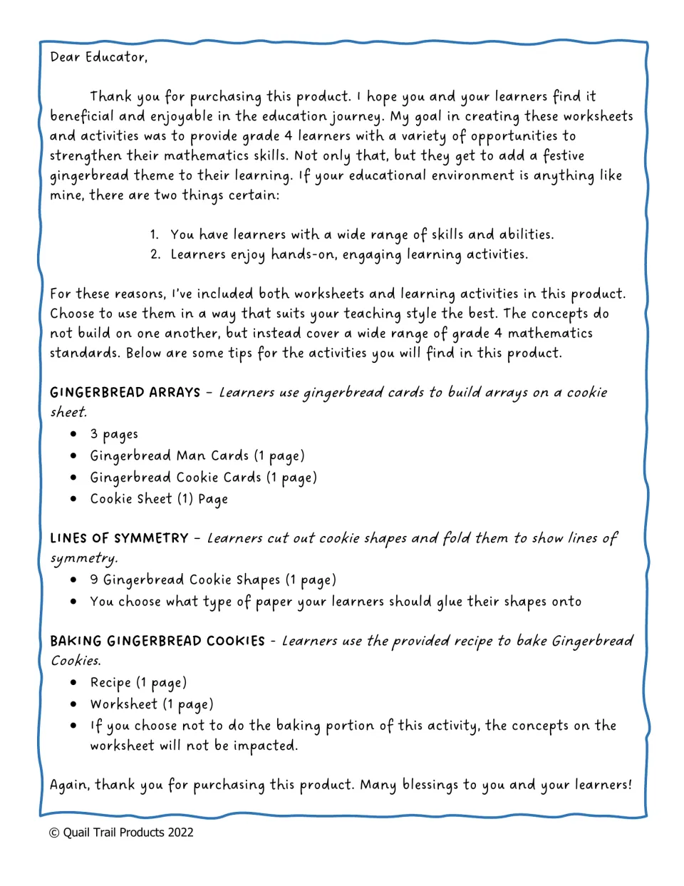 Dear Educator letter outlining the Gingerbread Arrays, Lines of Symmetry and Baking Gingerbread Cookies activity pages