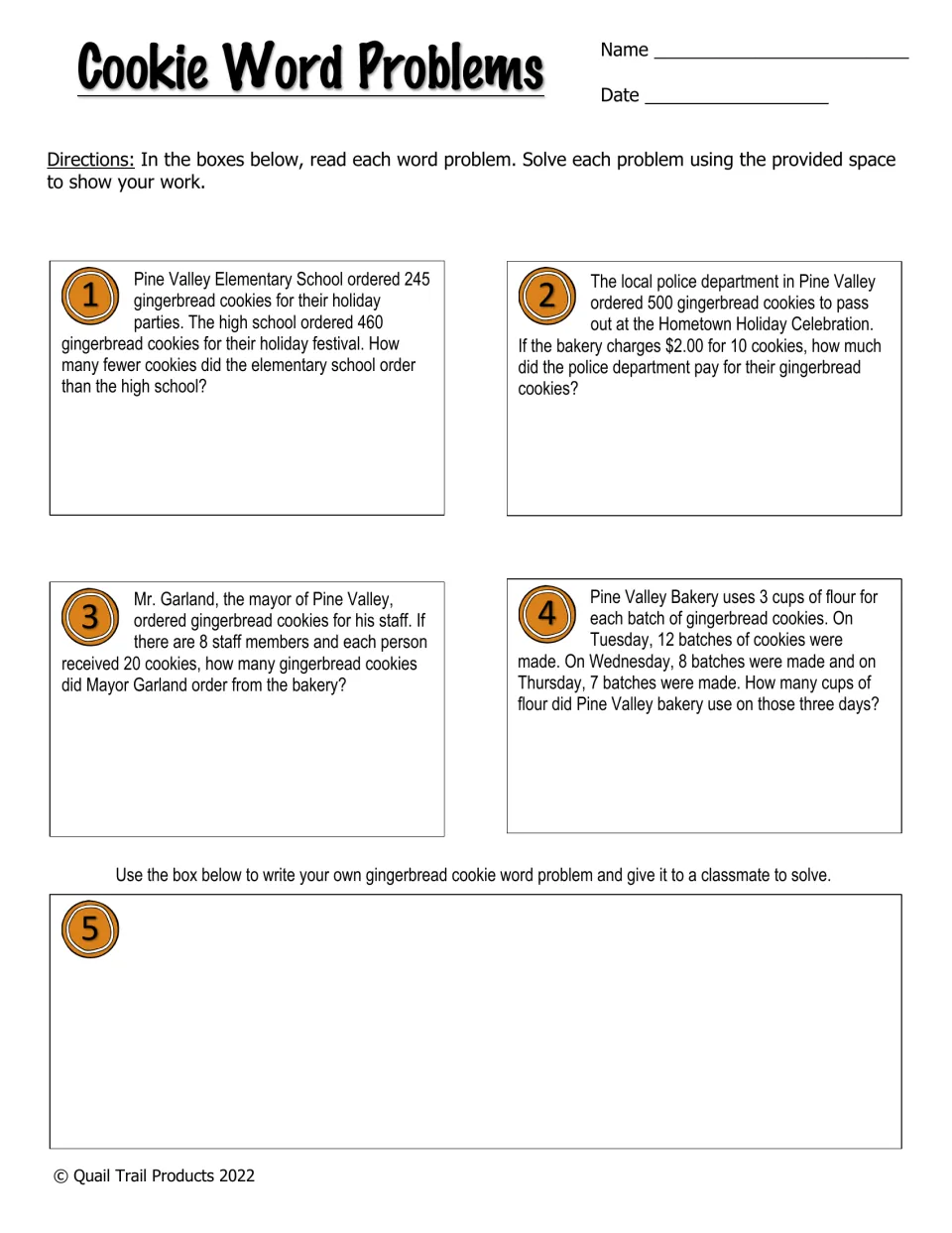 Cookie Word Problems: students solve 4 bakery order problems, then write their own gingerbread problem for a classmate