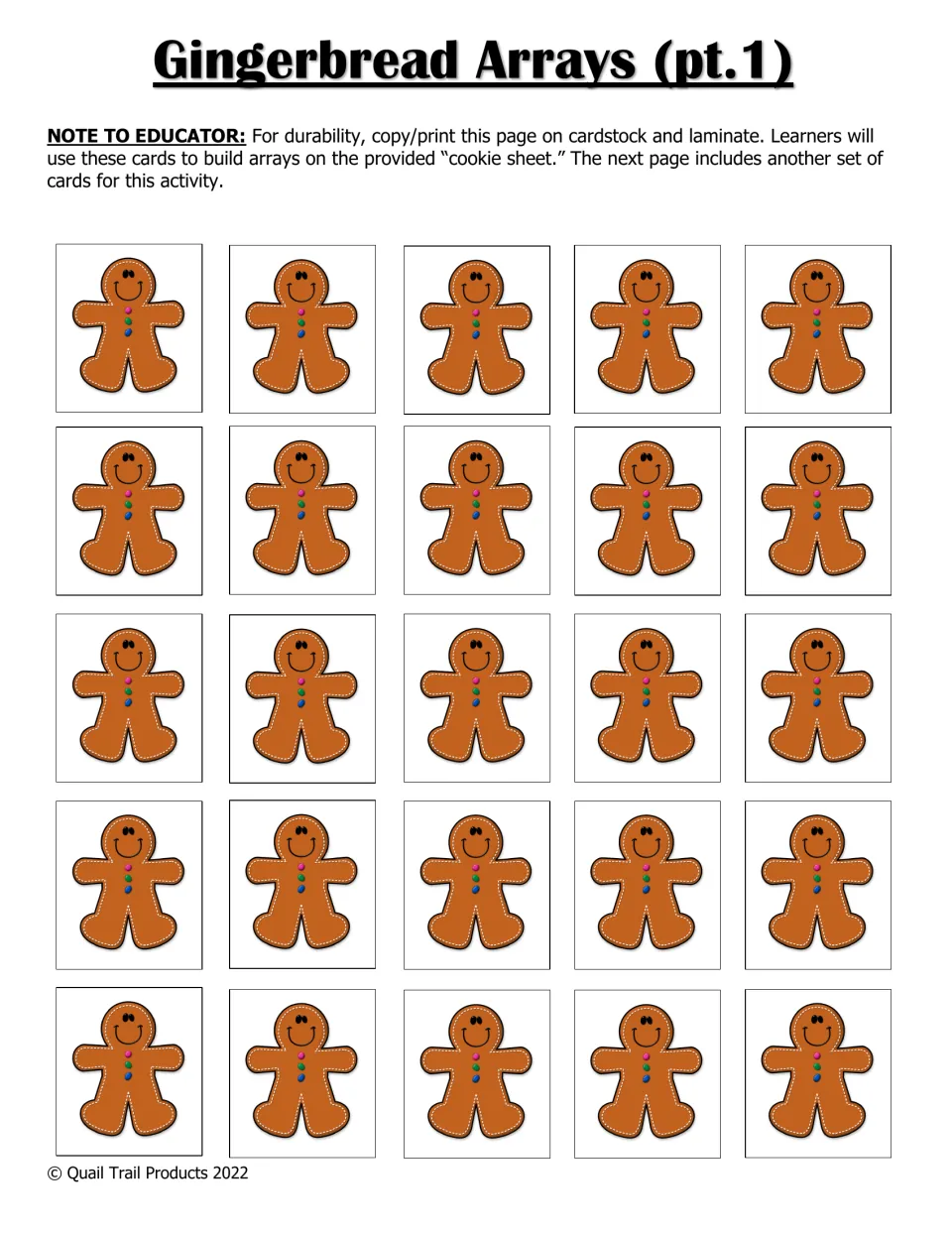 Gingerbread Arrays part 1: 25 gingerbread man cards students arrange in rows on the cookie sheet to model multiplication