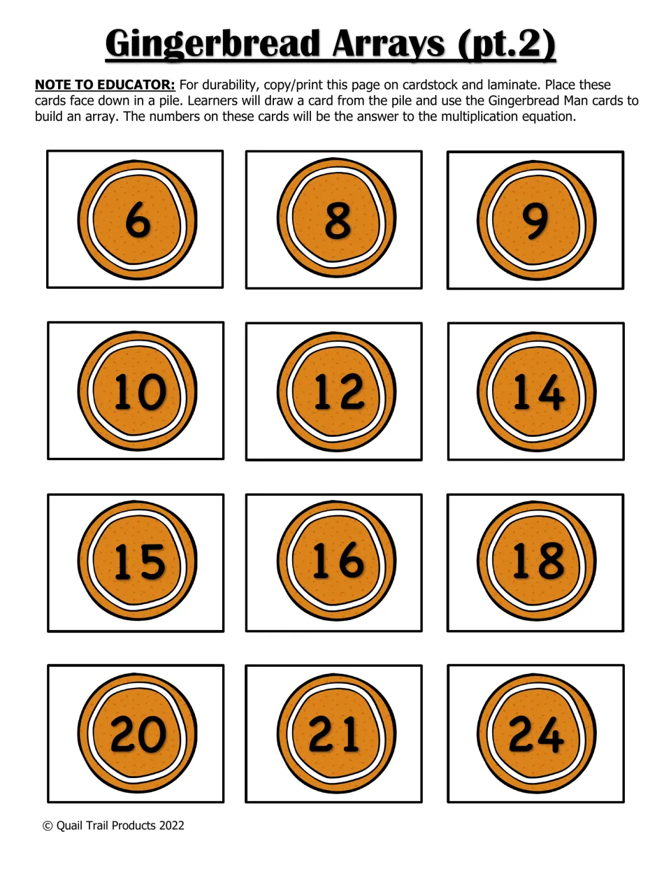 Gingerbread Arrays part 2: cookie number cards from 6 to 24 that students draw, then build an array matching that product
