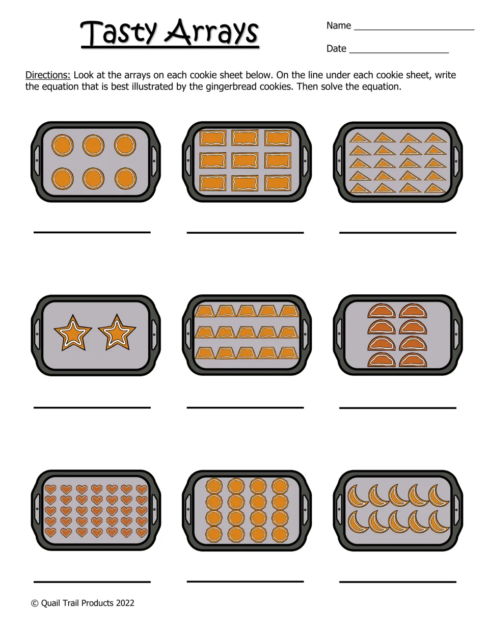Tasty Arrays: students study 9 cookie sheet arrays and write and solve the multiplication equation each one shows