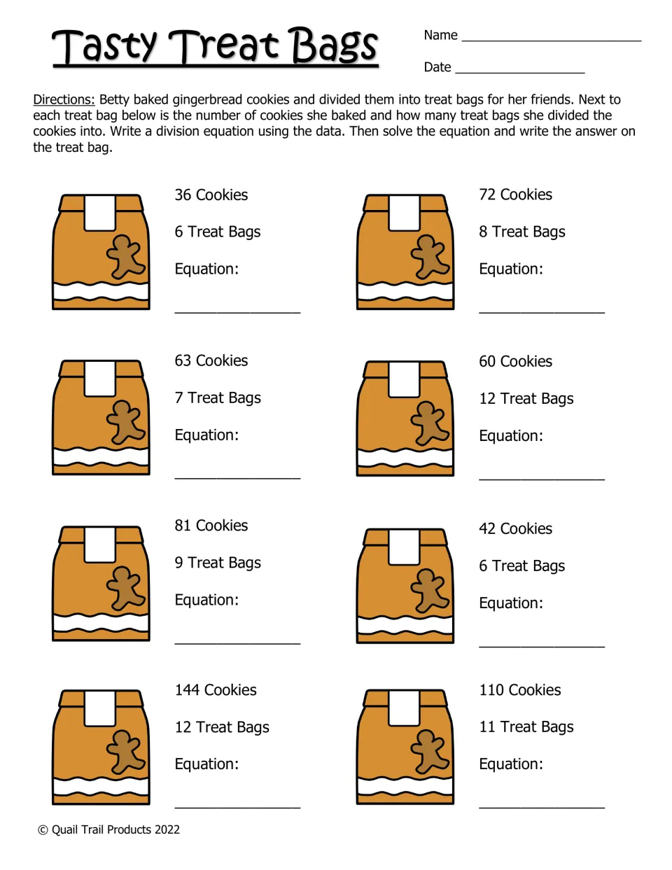 Tasty Treat Bags: students write and solve 8 division equations, such as 36 cookies shared among 6 treat bags