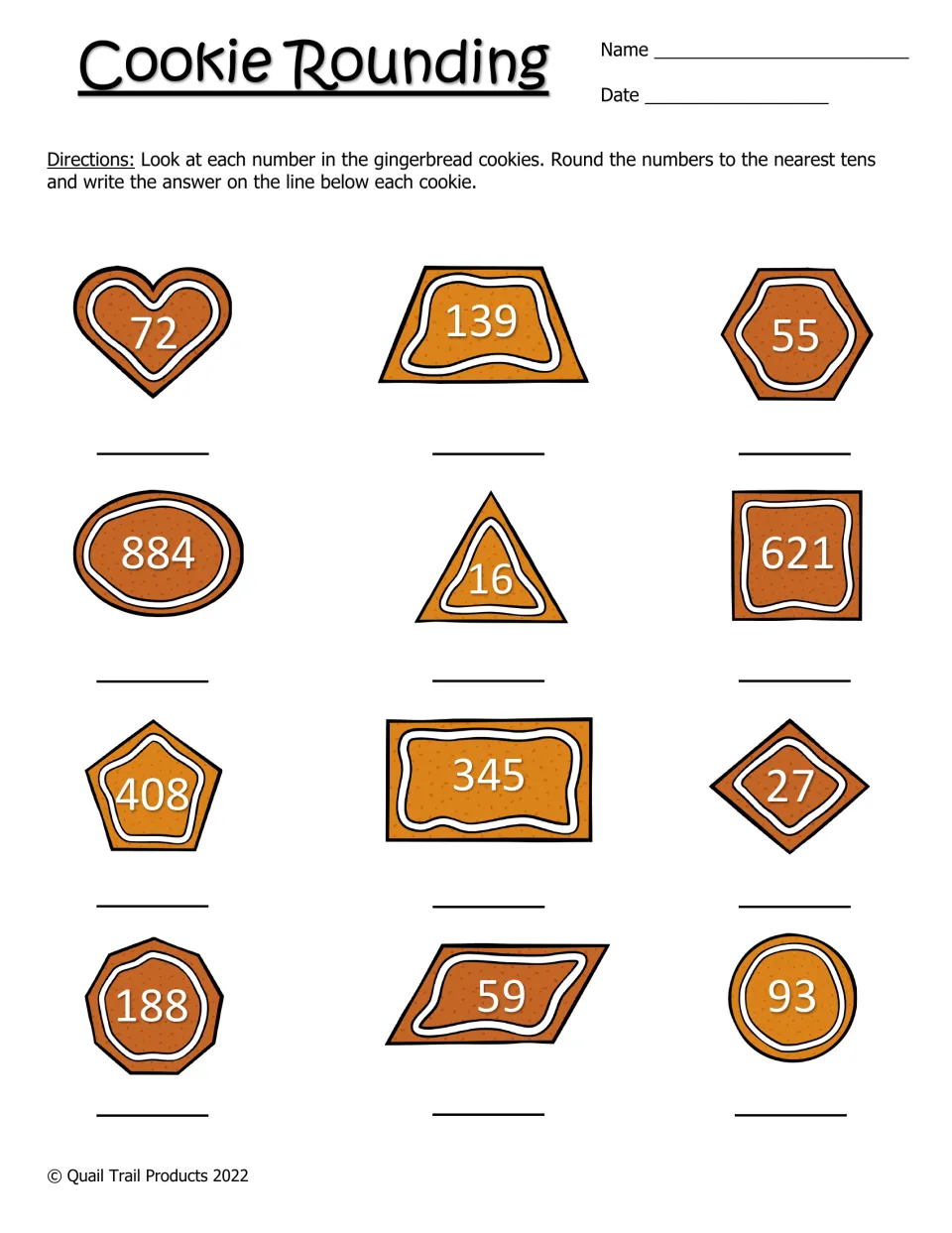 Cookie Rounding: students round 12 numbers on gingerbread cookies, from 16 to 884, to the nearest ten