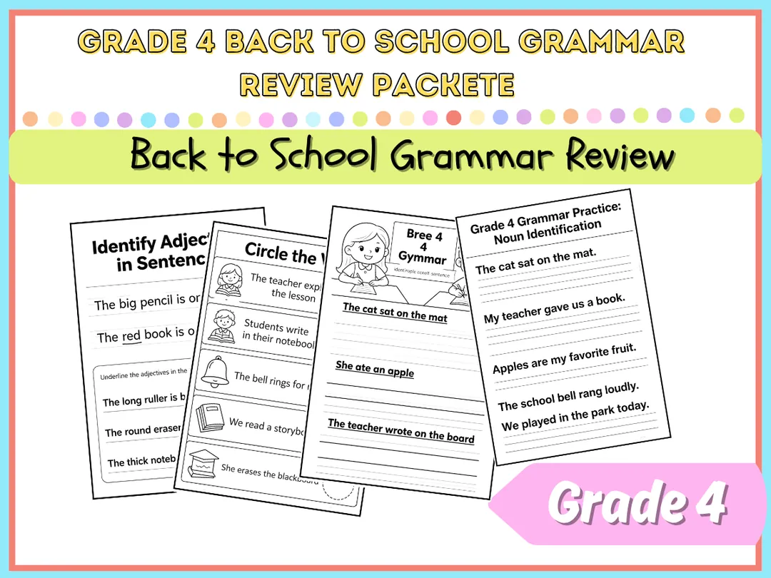 Grade 4 Grammar Review Packet | Back to School Worksheets – cover