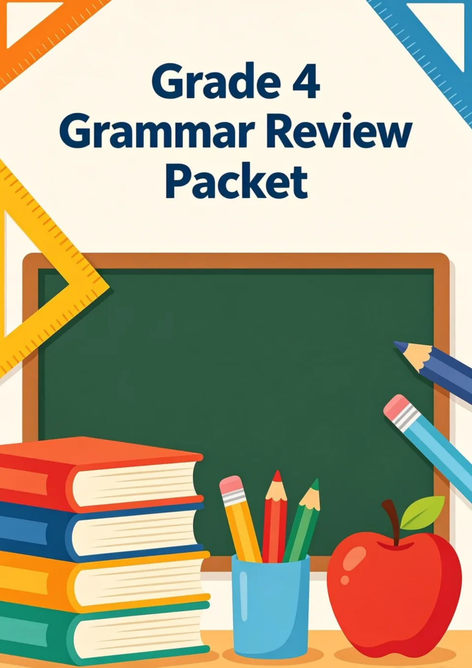 Grammar review packet cover showing its title above a blank chalkboard, stacked books, a pencil cup and an apple