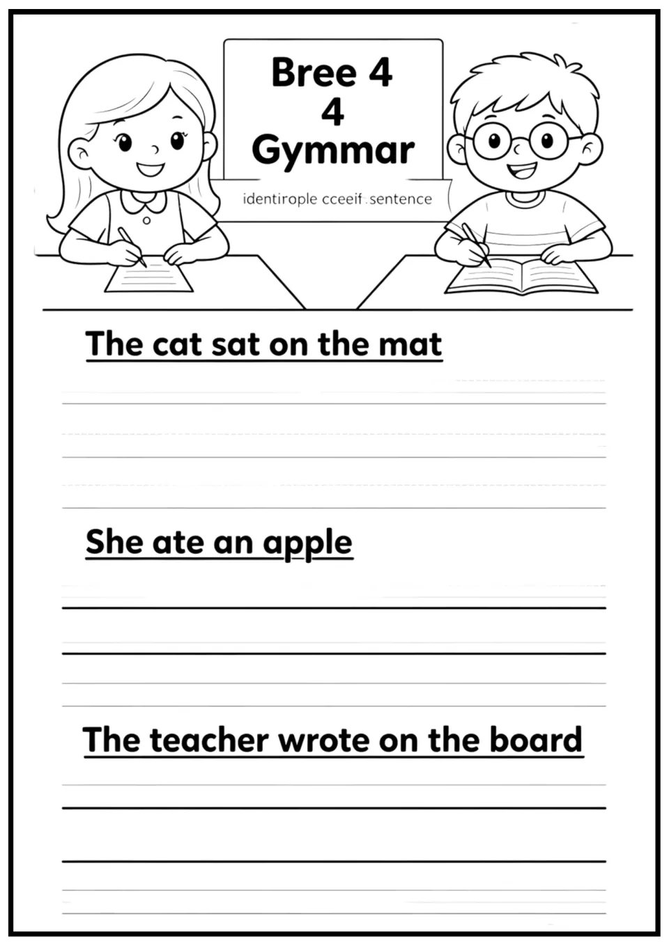 Sentence practice: The cat sat on the mat, She ate an apple and The teacher wrote on the board, with writing space below