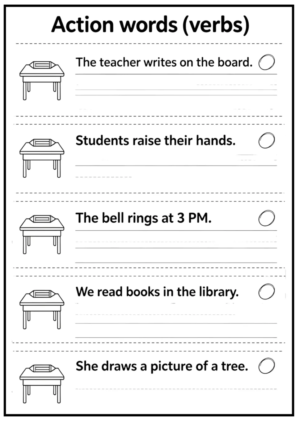 Action words (verbs): students find the verb in five classroom sentences, such as Students raise their hands