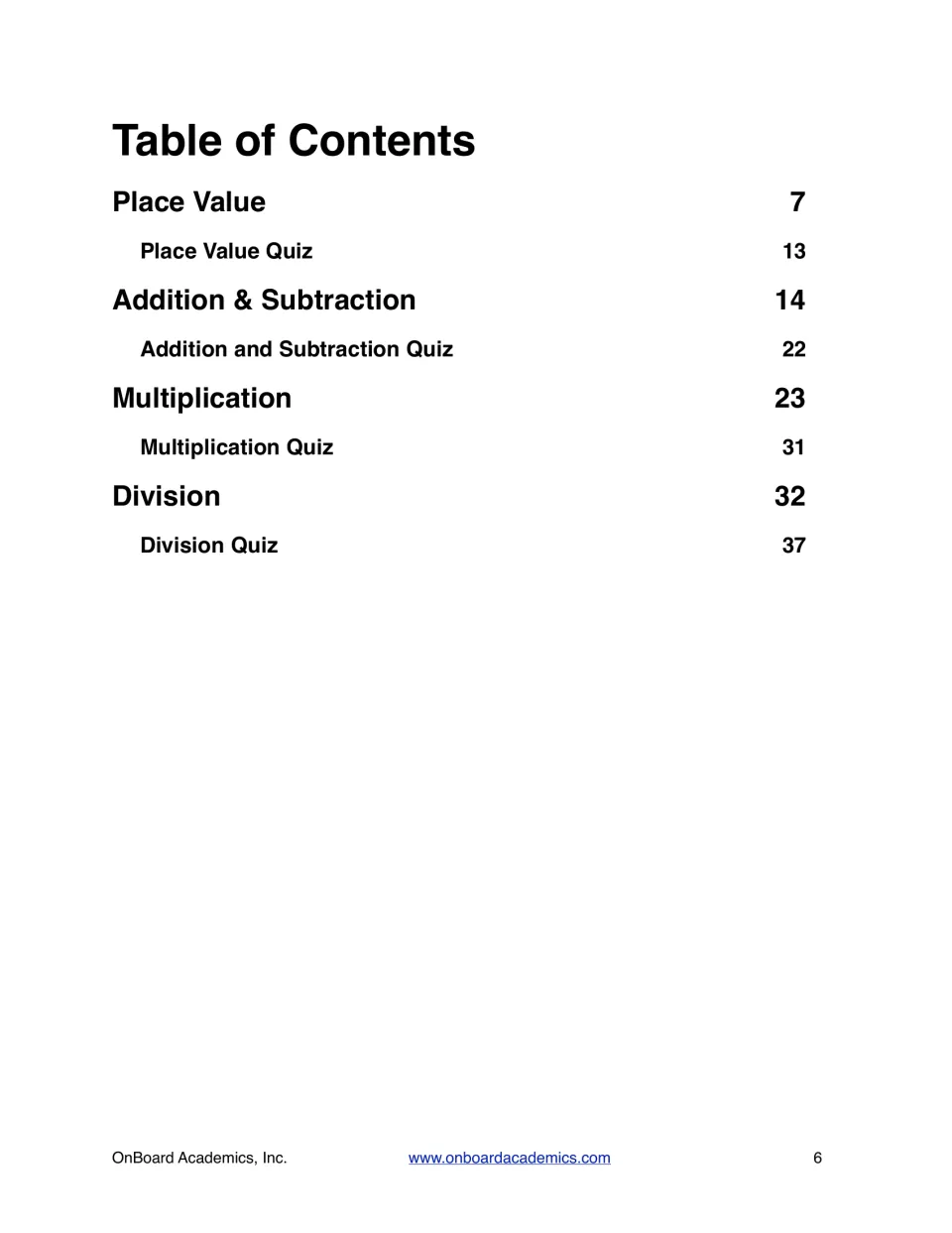 Workbook table of contents listing four math sections and their quizzes, from place value through division