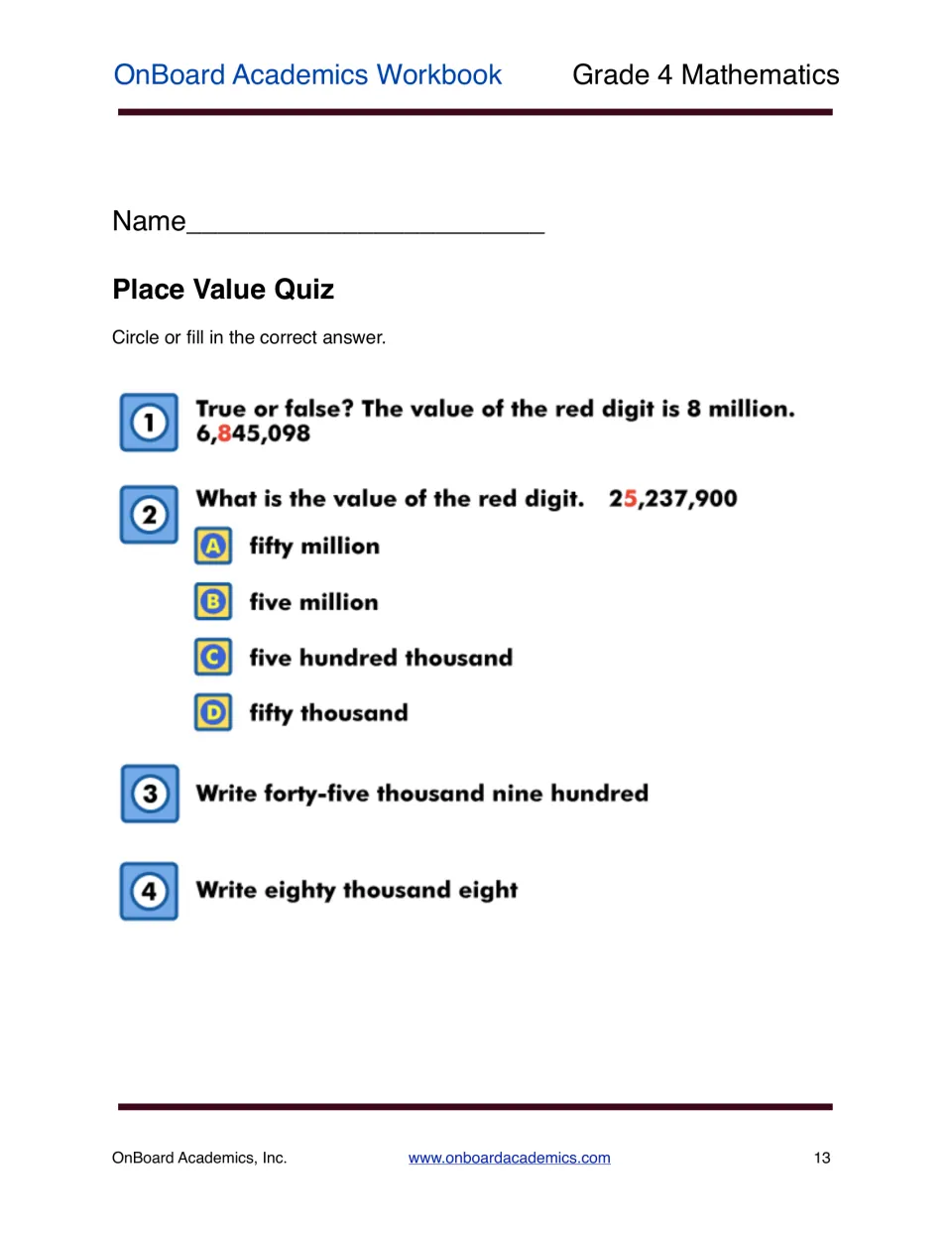 Four-question place value quiz on red digits in 6,845,098 and 25,237,900 and writing two numbers from words