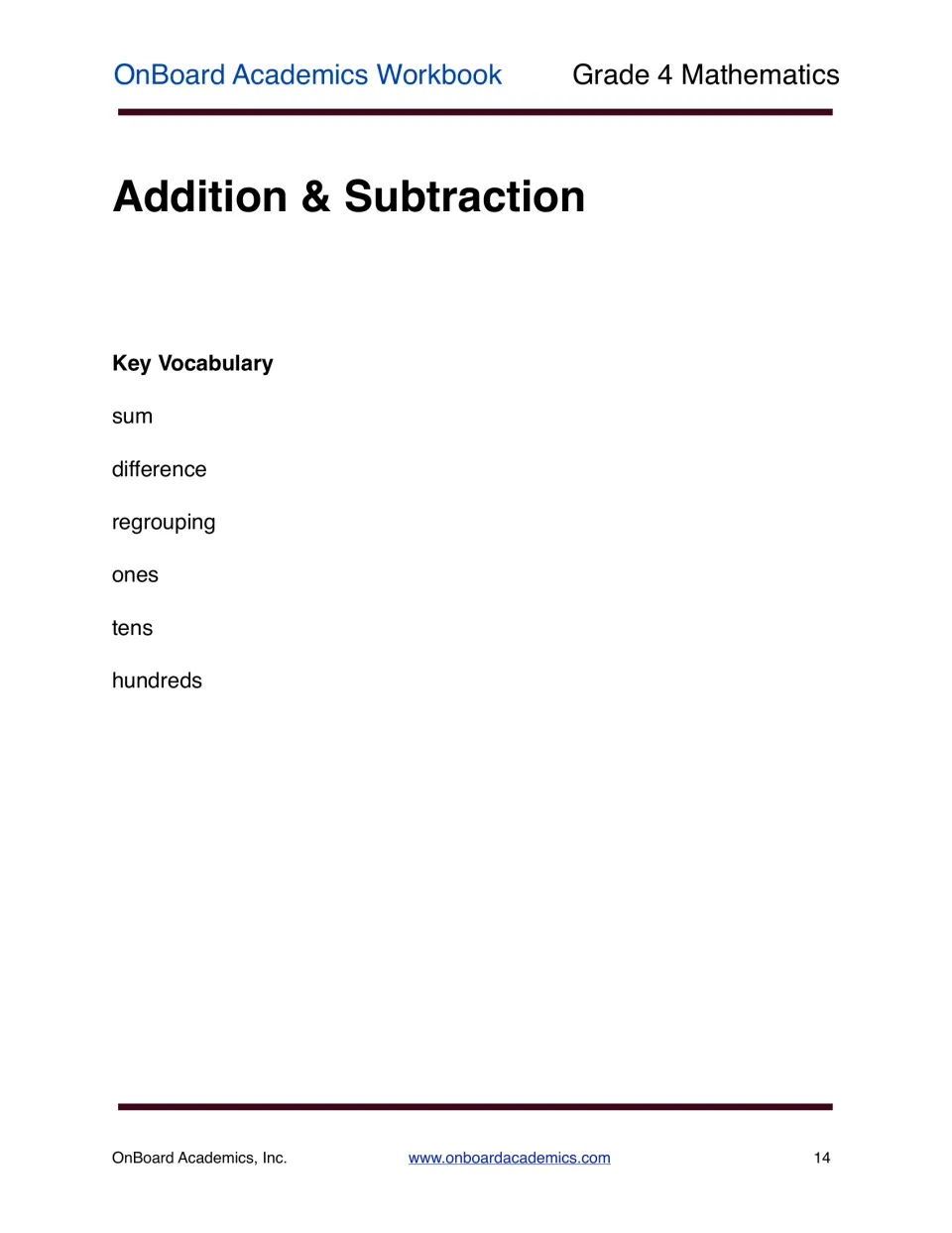 Addition and subtraction section opener introducing the terms sum, difference, regrouping, ones, tens, and hundreds