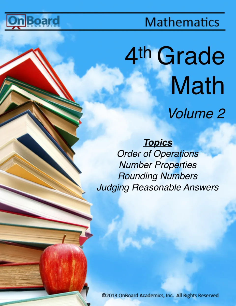 4th Grade Math Volume 2 cover listing order of operations, number properties, rounding and judging reasonable answers