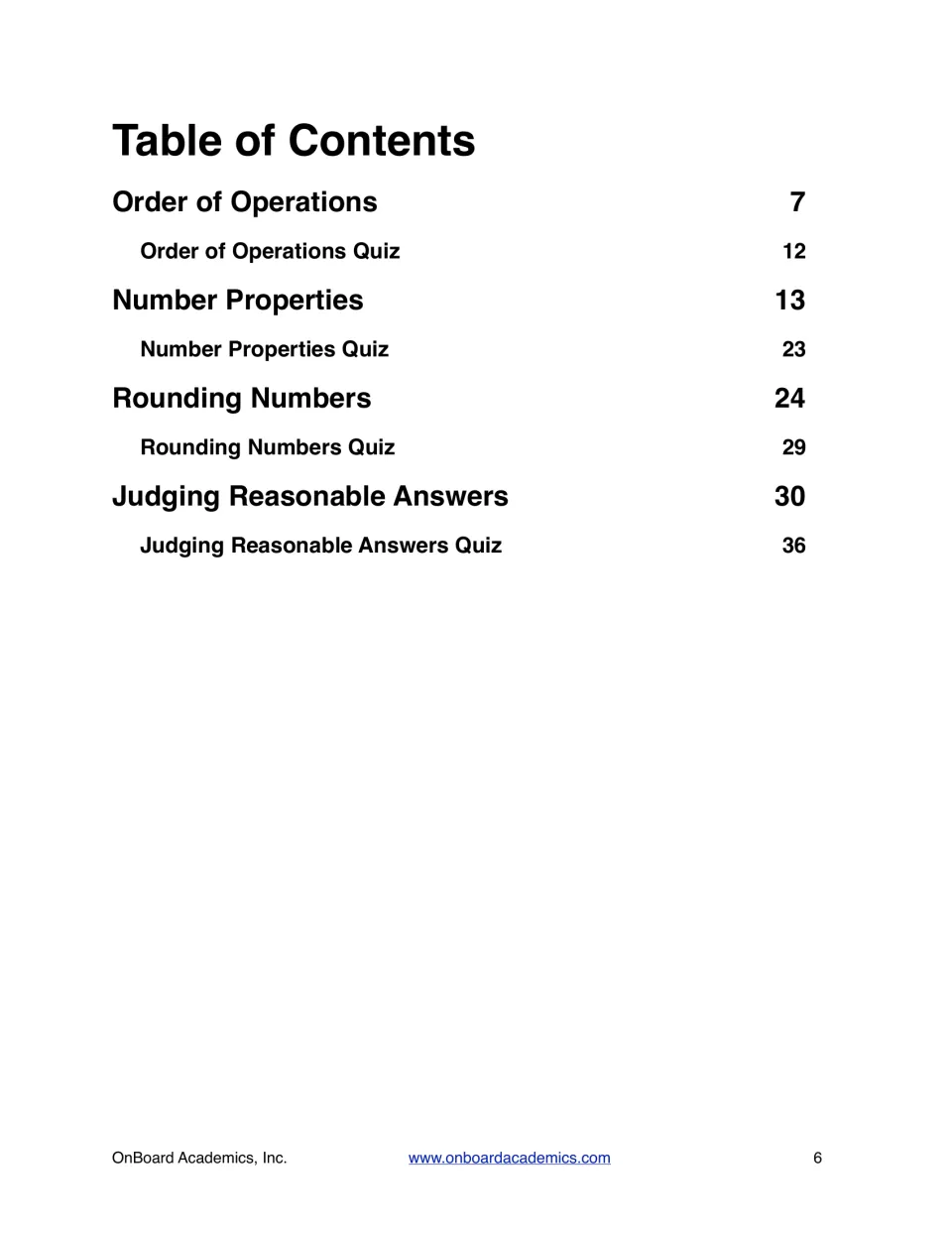 Table of contents: four math units, each followed by its quiz, from Order of Operations to Judging Reasonable Answers