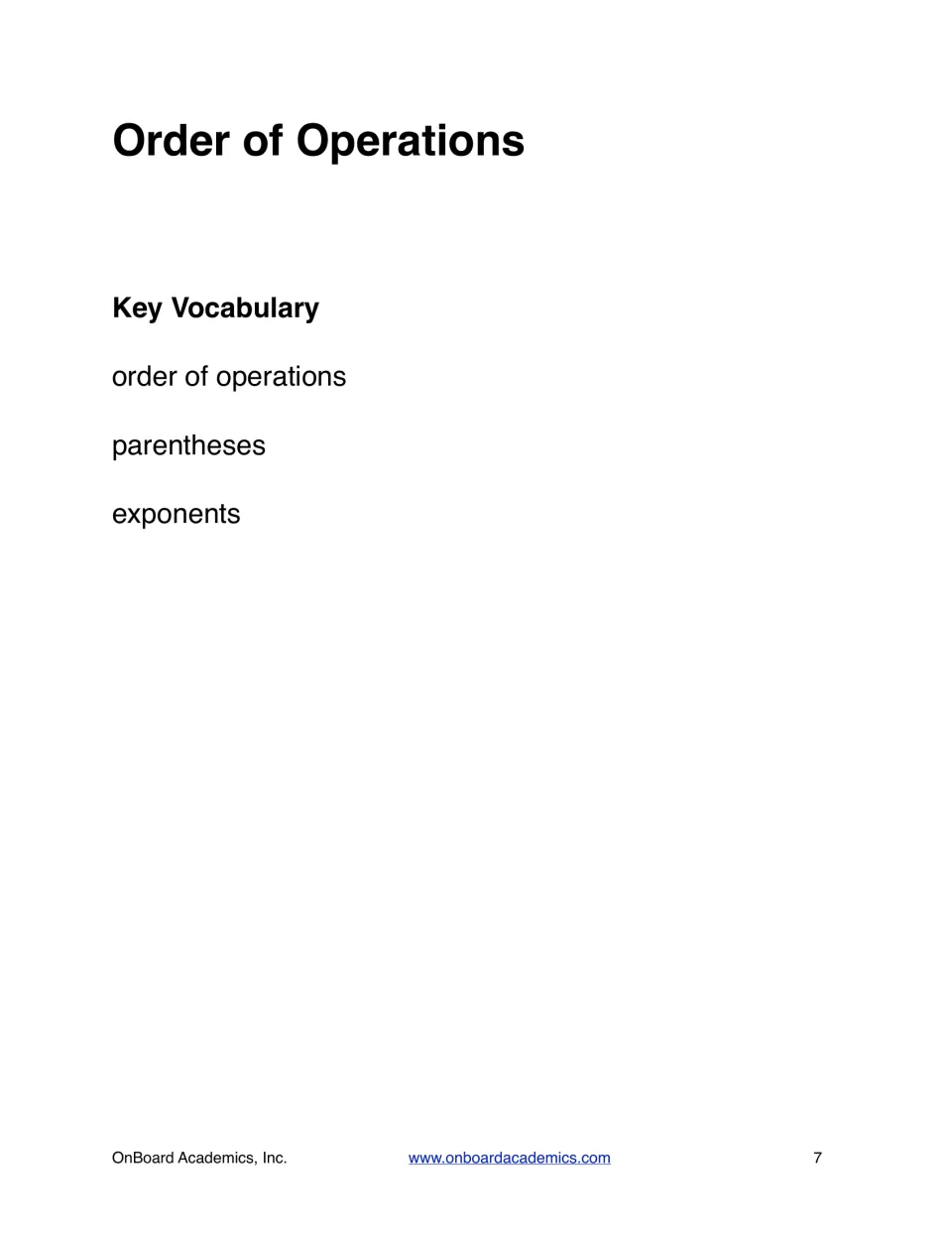 Order of Operations unit opener listing key vocabulary for students: order of operations, parentheses and exponents