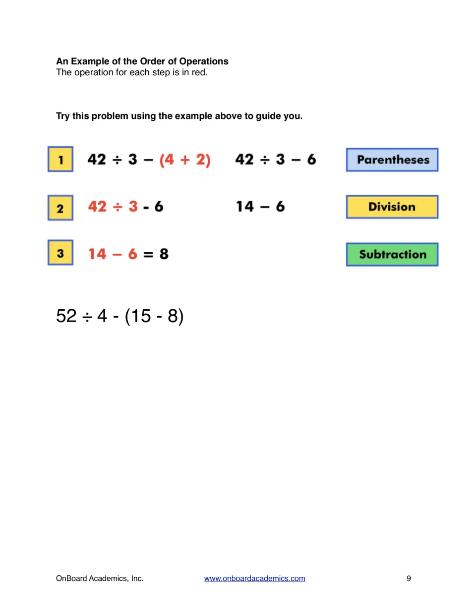 Worked order of operations example solving 42 ÷ 3 - (4 + 2) in three steps, then students try 52 ÷ 4 - (15 - 8)