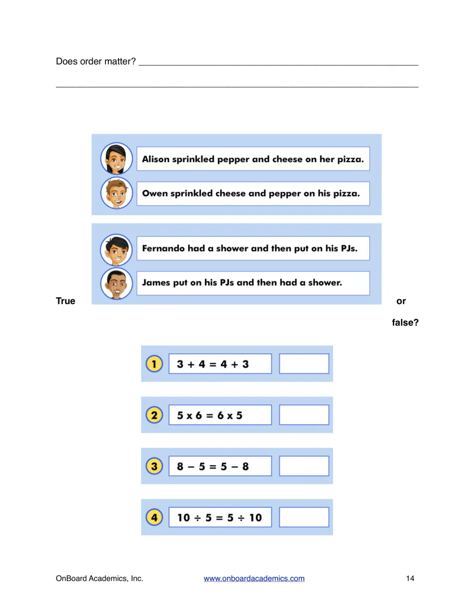 Does order matter? Students judge pizza and shower stories, then mark 3 + 4 = 4 + 3 and 8 - 5 = 5 - 8 true or false