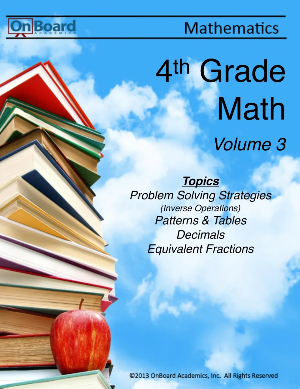 OnBoard Academics 4th Grade Math Volume 3 cover: inverse operations, patterns & tables, decimals, equivalent fractions