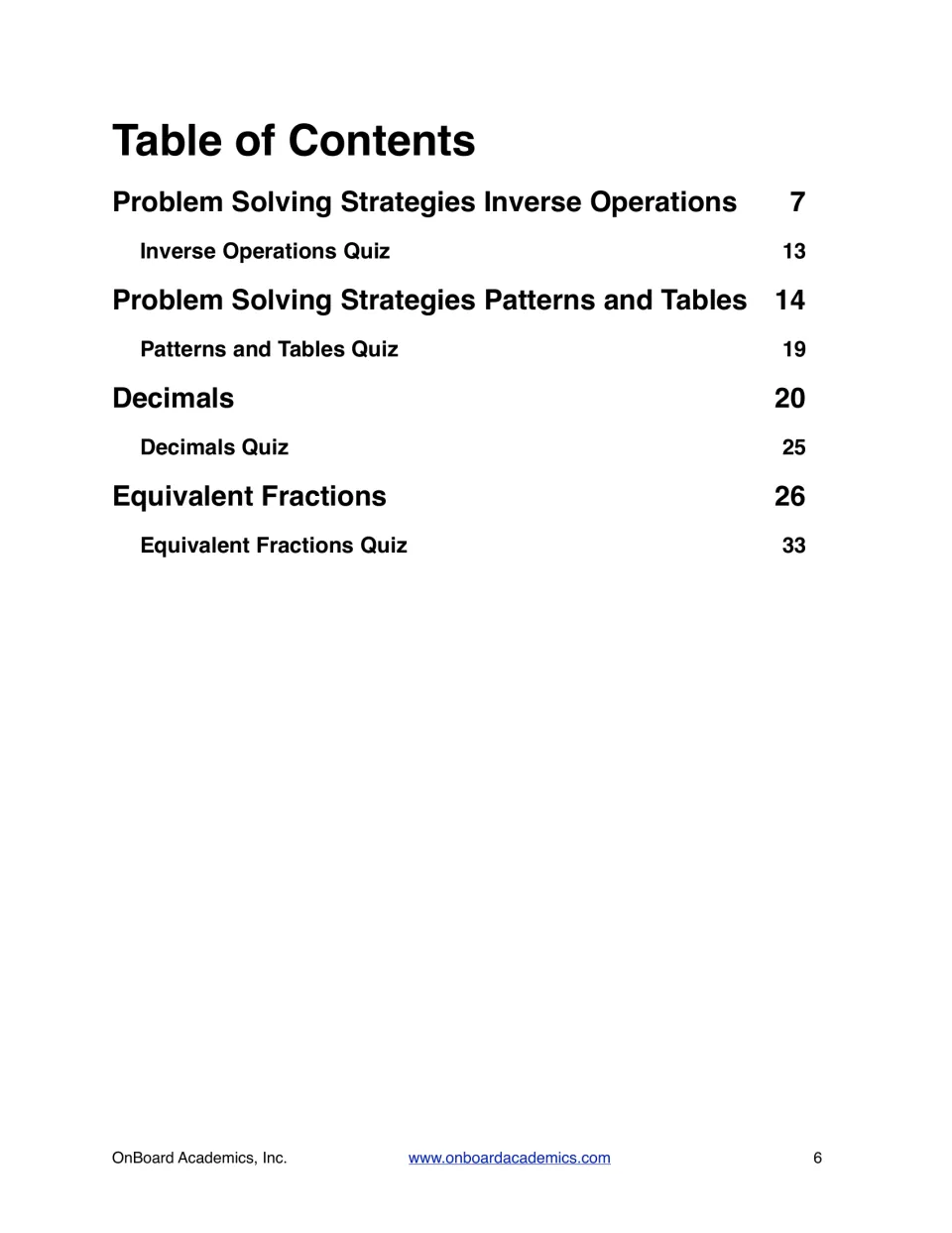 Table of contents: inverse operations, patterns and tables, decimals and equivalent fractions, each followed by a unit quiz
