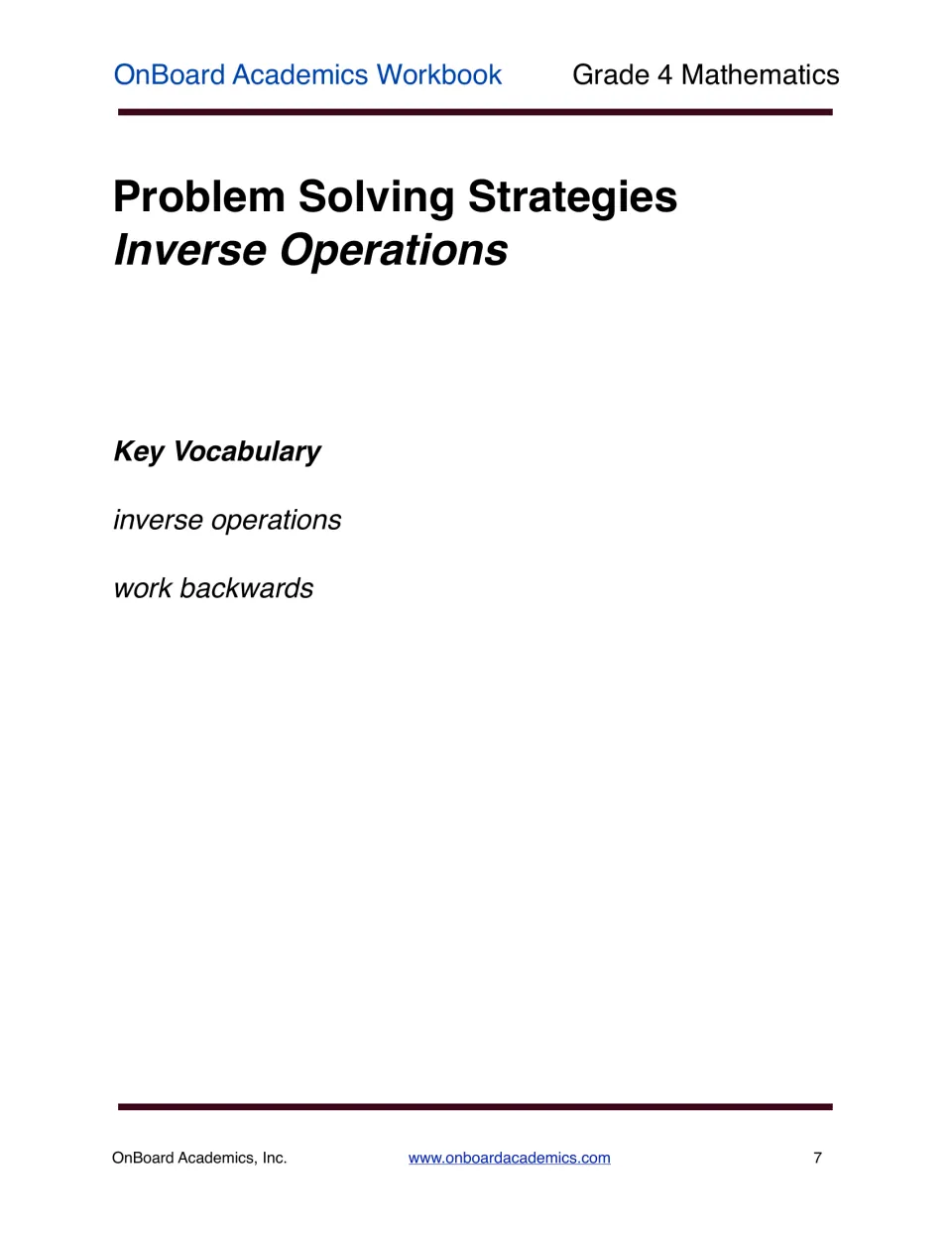 Problem solving strategies unit opener with key vocabulary to introduce: inverse operations and work backwards