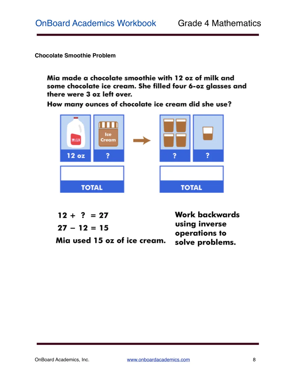 Chocolate smoothie problem: worked example using 12 + ? = 27 and 27 - 12 = 15 to work backwards to the ice cream amount
