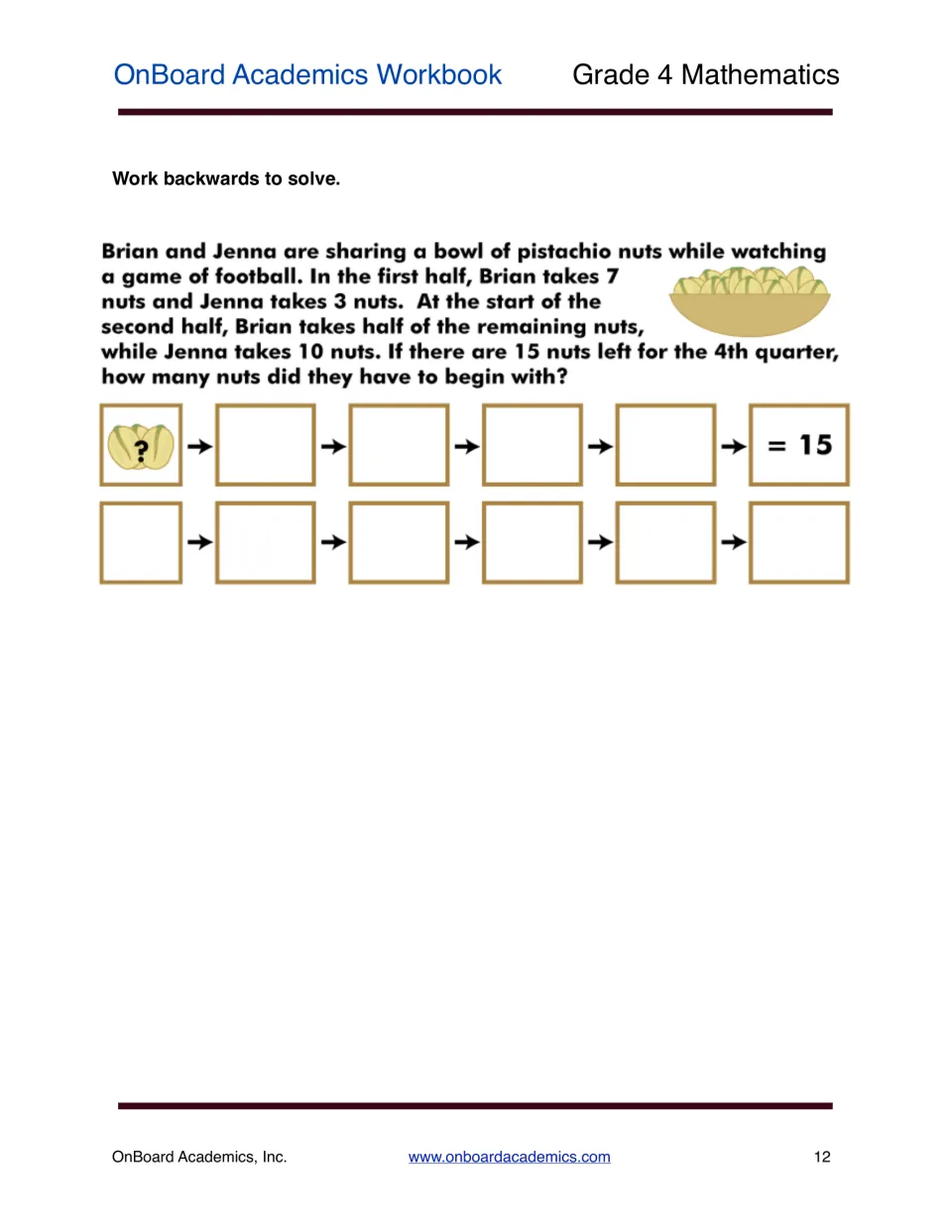 Work backwards to solve: pistachio nut problem where students trace steps back from 15 nuts left to the starting amount