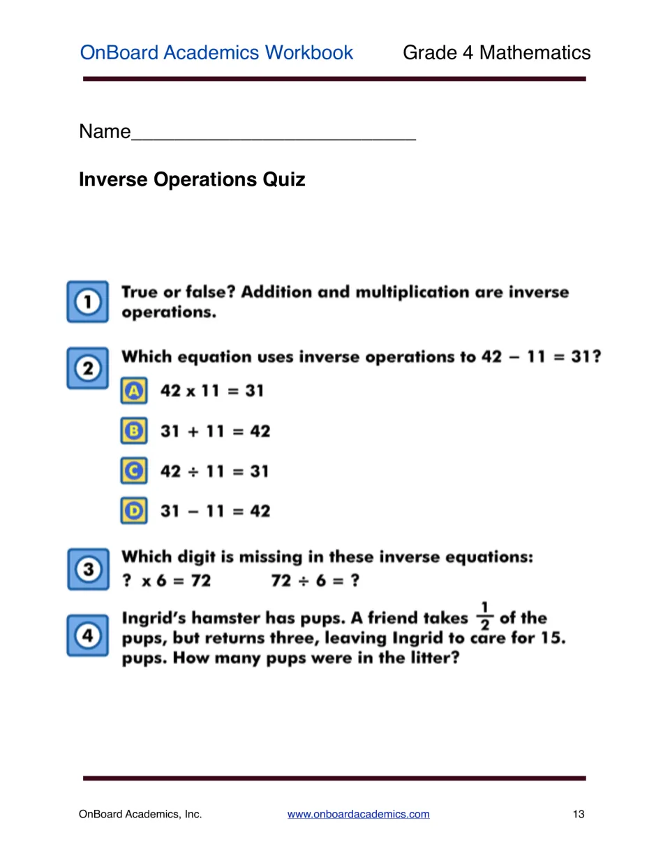 Inverse operations quiz: true-or-false, multiple choice, a missing number in ? x 6 = 72 and a hamster pups word problem
