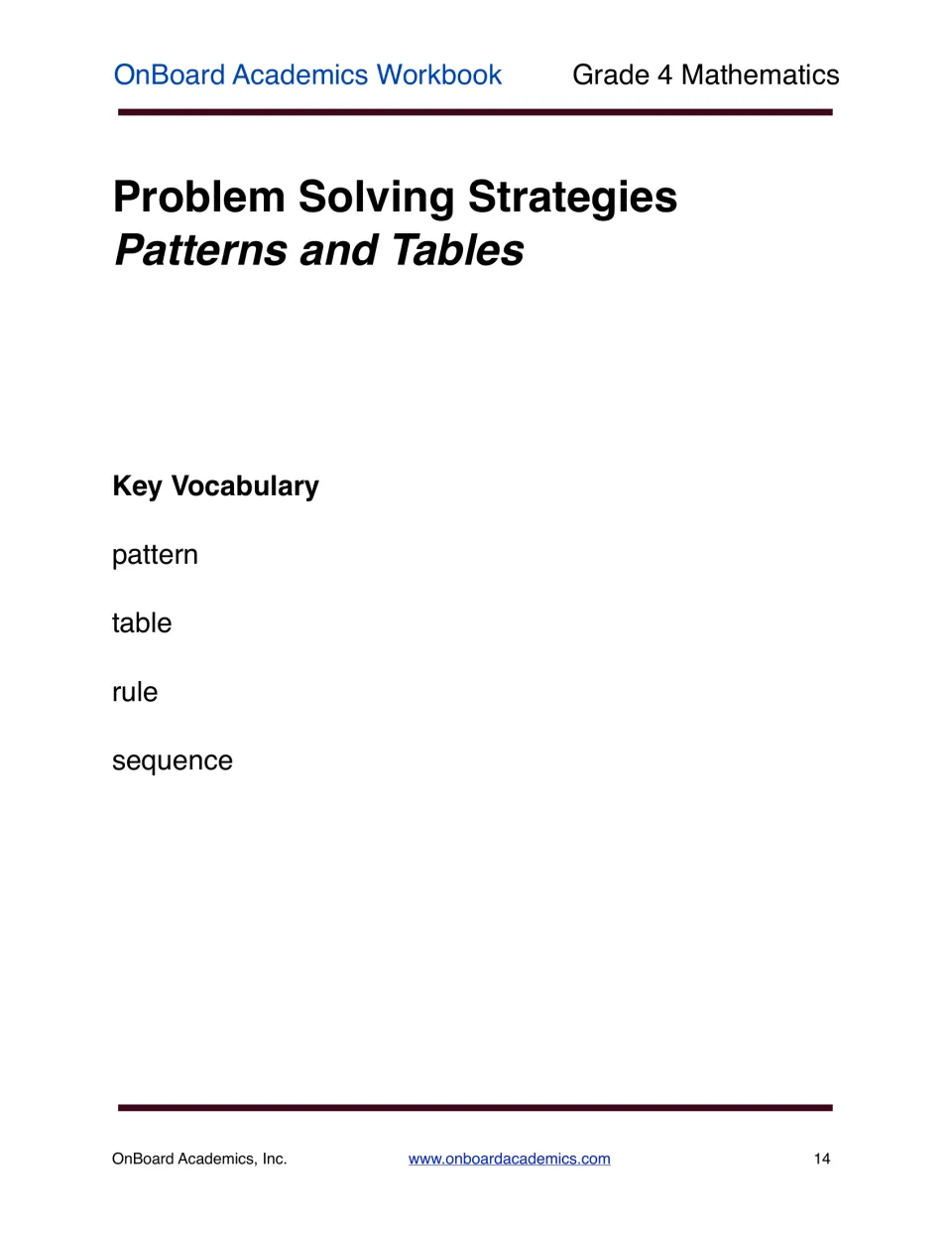 Problem solving strategies unit opener with key vocabulary for patterns and tables: pattern, table, rule and sequence