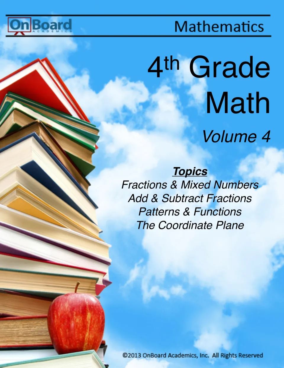 OnBoard Academics 4th Grade Math Volume 4 cover listing fractions, adding fractions, patterns and the coordinate plane