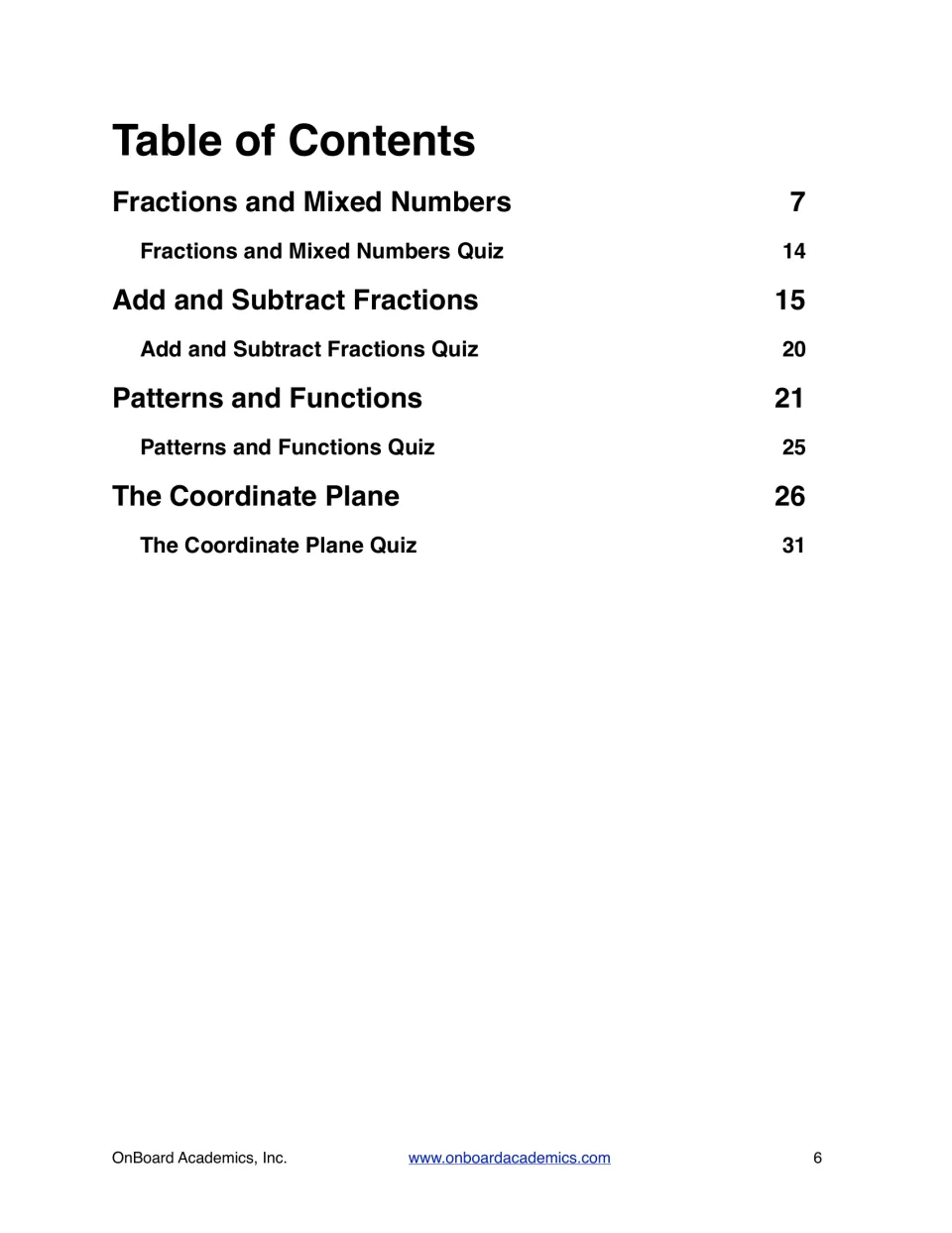 Table of contents: four math units, each followed by a quiz, from mixed numbers through the coordinate plane