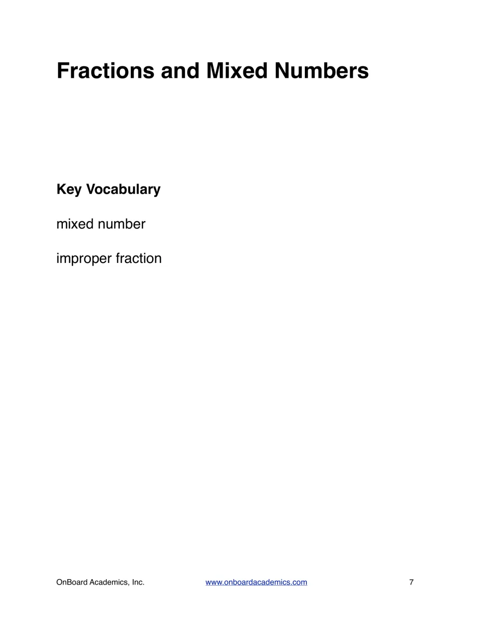Fractions and Mixed Numbers unit opener listing the key vocabulary terms mixed number and improper fraction