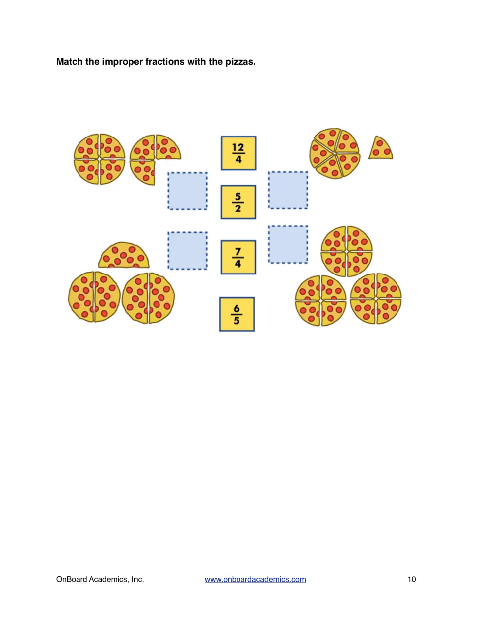 Pizza matching: students pair improper fractions 12/4, 5/2, 7/4 and 6/5 with the pizza groups that show them