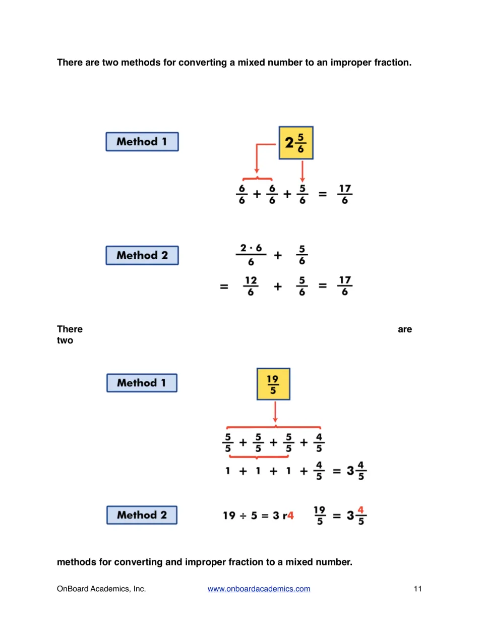 Converting mixed numbers and improper fractions: two worked methods each for 2 5/6 = 17/6 and 19/5 = 3 4/5