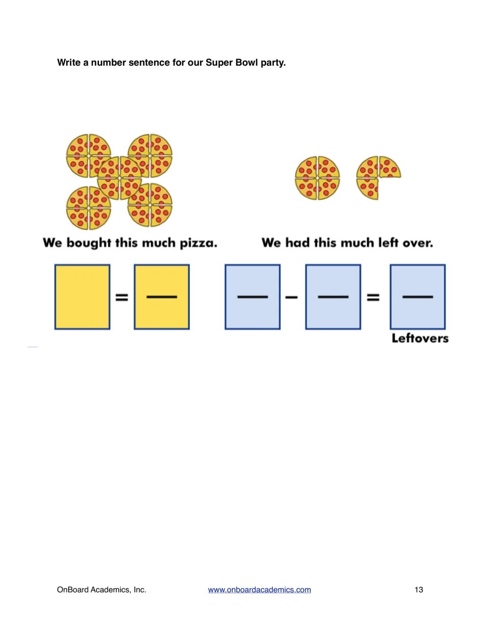 Super Bowl party pizza problem: students write number sentences for pizza bought, pizza left over and leftovers