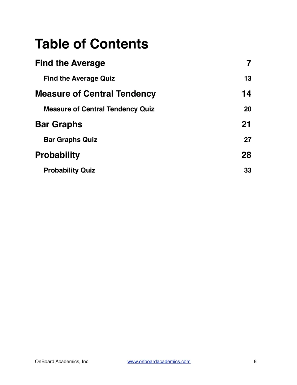 Table of contents listing each lesson and quiz for average, measure of central tendency, bar graphs and probability