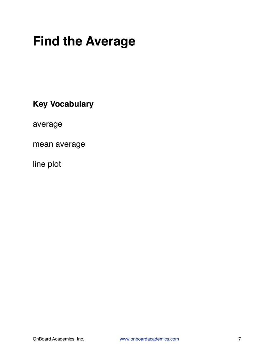 Find the Average lesson opener introducing key vocabulary words: average, mean average and line plot