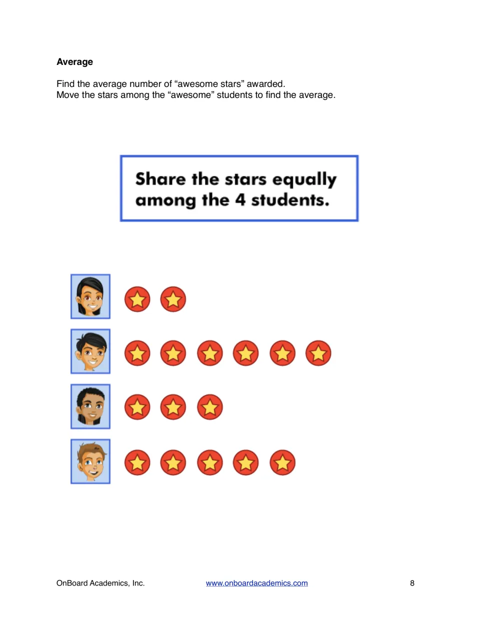 Average as fair share: students move awesome stars among 4 students holding 2, 6, 3 and 5 stars until all are equal