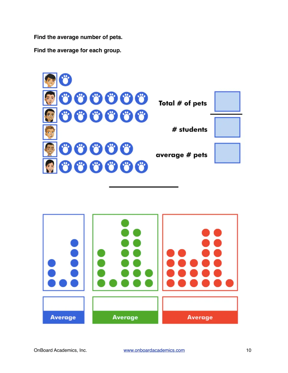 Average number of pets: students total pets for 6 children and divide, then find the average of three colored dot groups