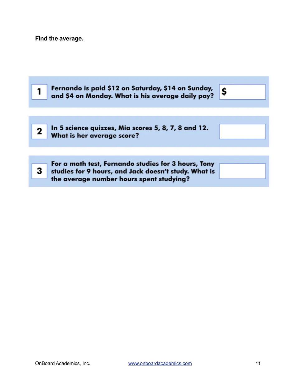 Find the average word problems: Fernando's daily pay, Mia's five science quiz scores and hours studied by three students