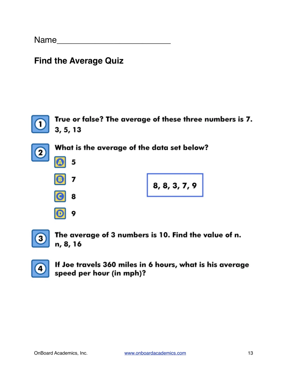 Find the Average Quiz: four questions with true or false, multiple choice, a missing value n and average speed in mph