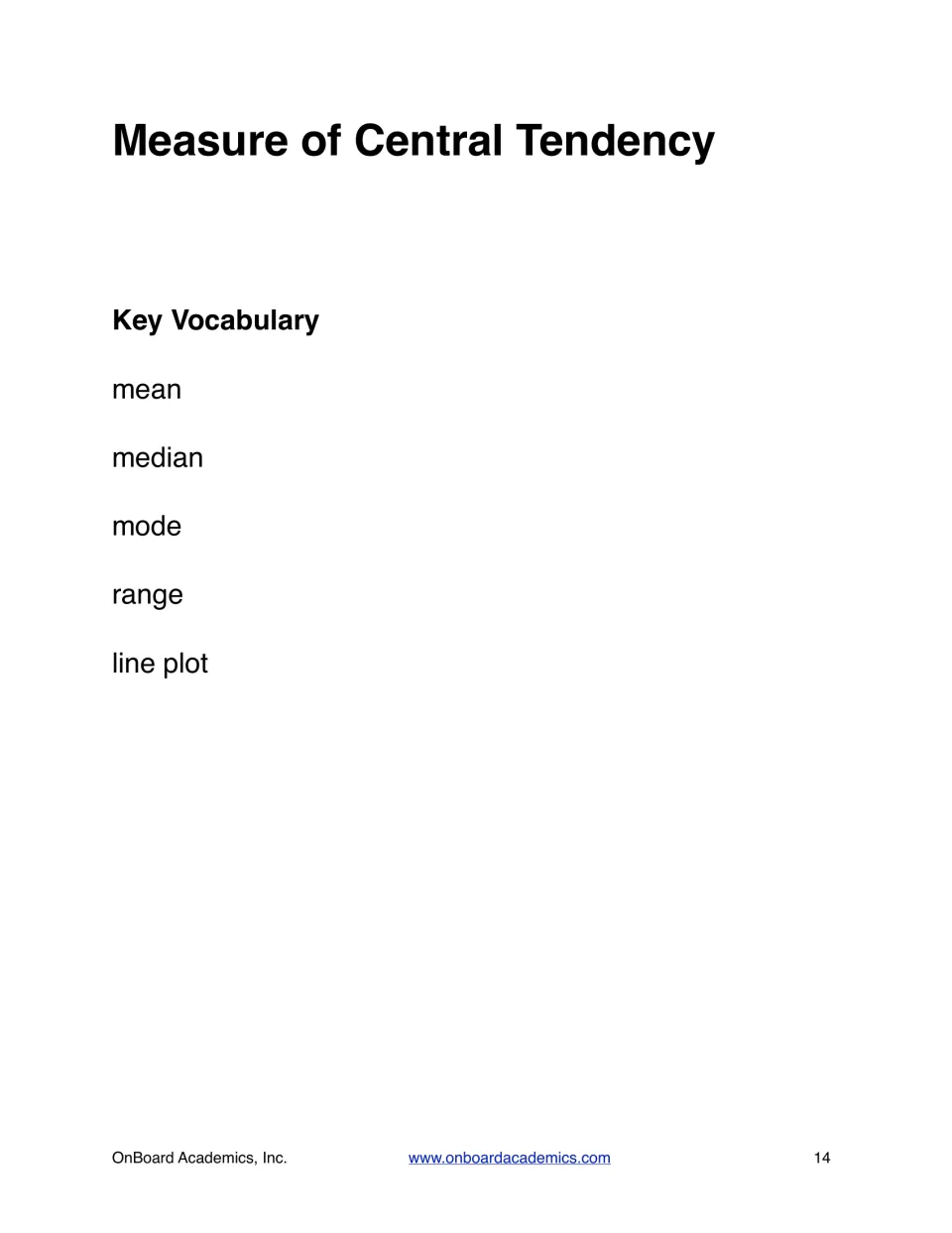 Measure of Central Tendency lesson opener listing key vocabulary: mean, median, mode, range and line plot