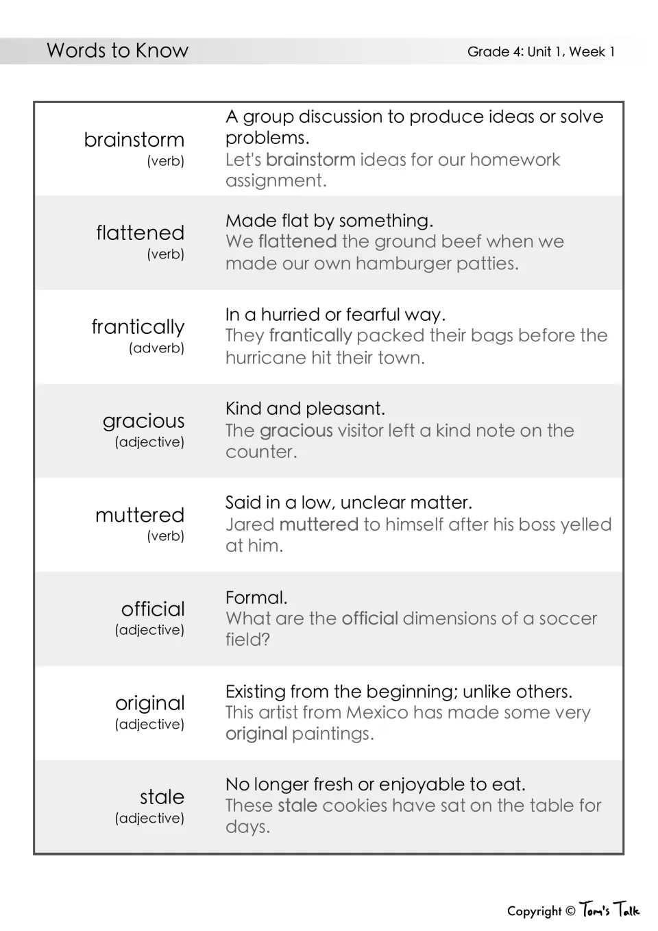 Unit 1, Week 1 vocabulary: 8 words like brainstorm and gracious, each with part of speech, definition and example