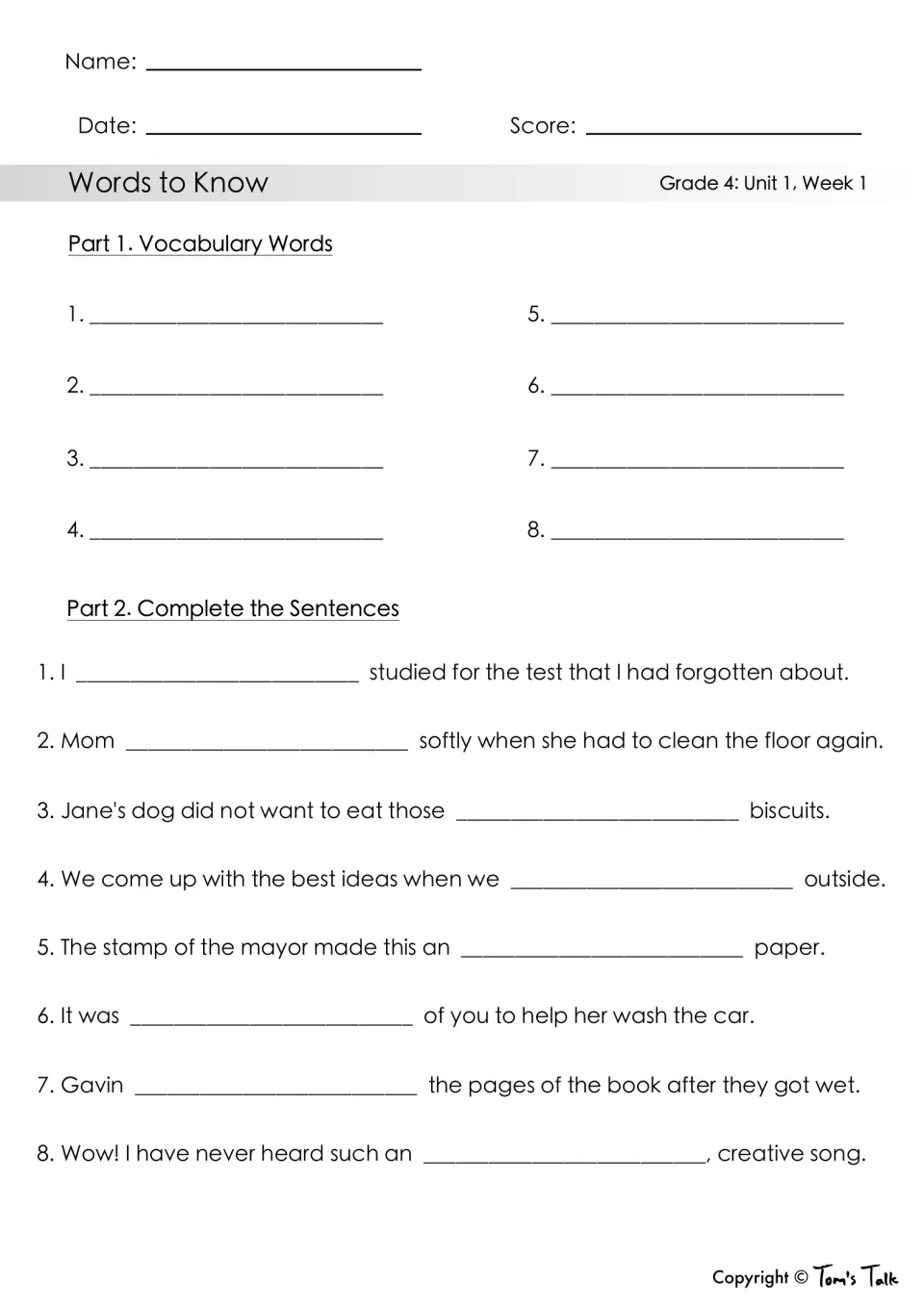 Words to Know quiz: students write the 8 vocabulary words, then complete 8 sentences with the right word
