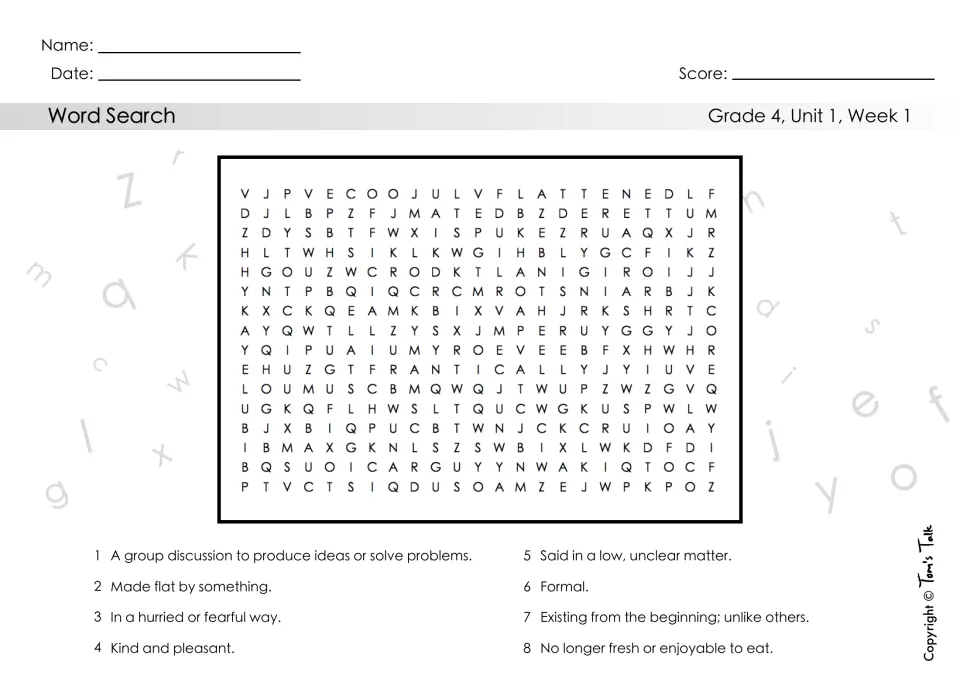 Vocabulary word search: students find the 8 Unit 1, Week 1 words hidden among letters using definition clues